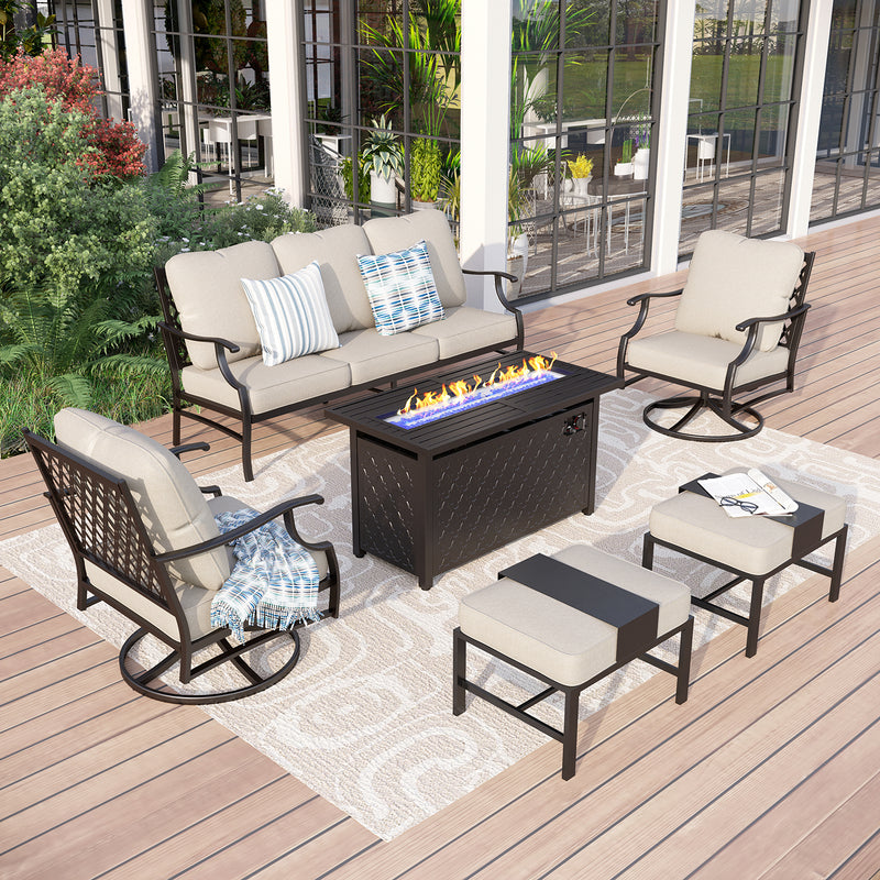 Phi Villa 7-Seat Outdoor Steel Conversation Sofa Set With Leather Grain Fire Pit Table