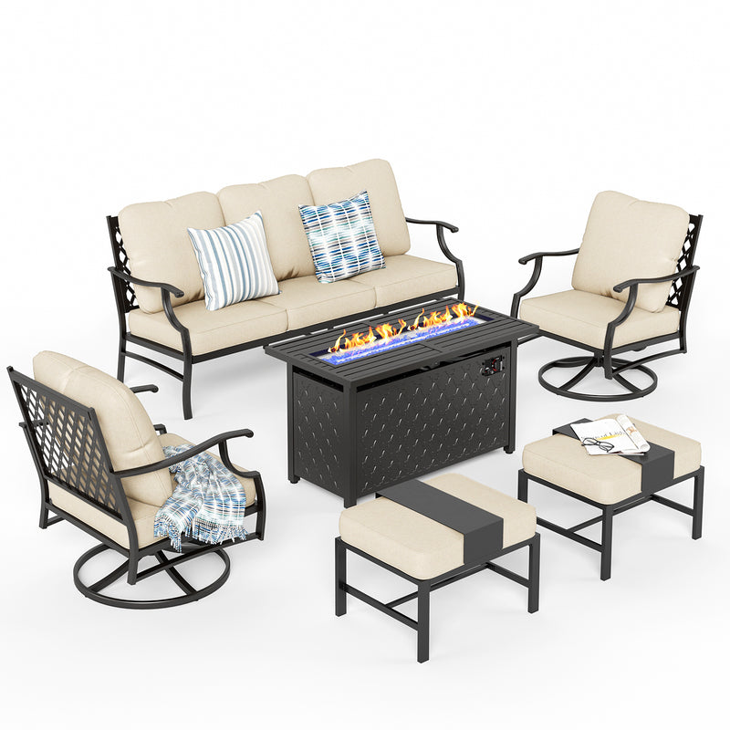 Phi Villa 7-Seat Outdoor Steel Conversation Sofa Set With Leather Grain Fire Pit Table