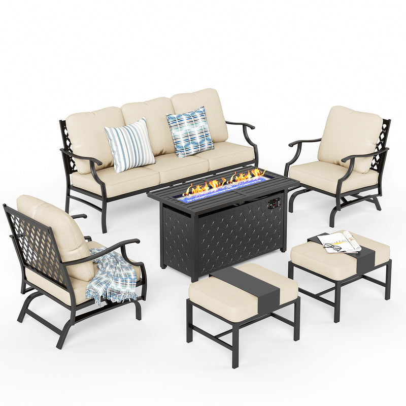 Phi Villa 7-Seat Outdoor Steel Conversation Sofa Set With Leather Grain Fire Pit Table