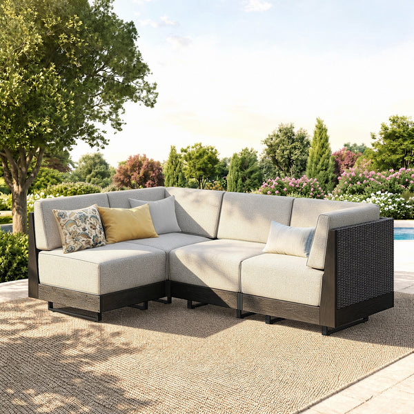 Alameda 4-Seater Woodgrain HDPE Garden Modular Sectional Rattan Sofa Set