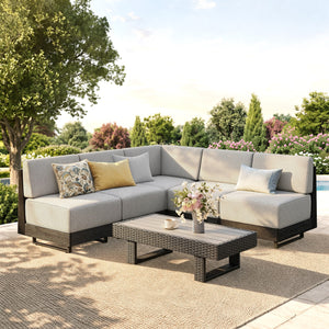 Alameda 4-Seater Woodgrain HDPE Garden Modular Sectional Rattan Sofa Set
