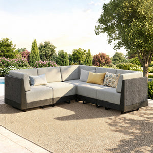 Alameda 4-Seater Woodgrain HDPE Garden Modular Sectional Rattan Sofa Set
