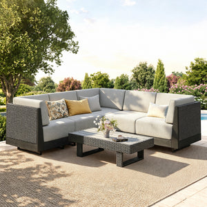 Alameda 4-Seater Woodgrain HDPE Garden Modular Sectional Rattan Sofa Set