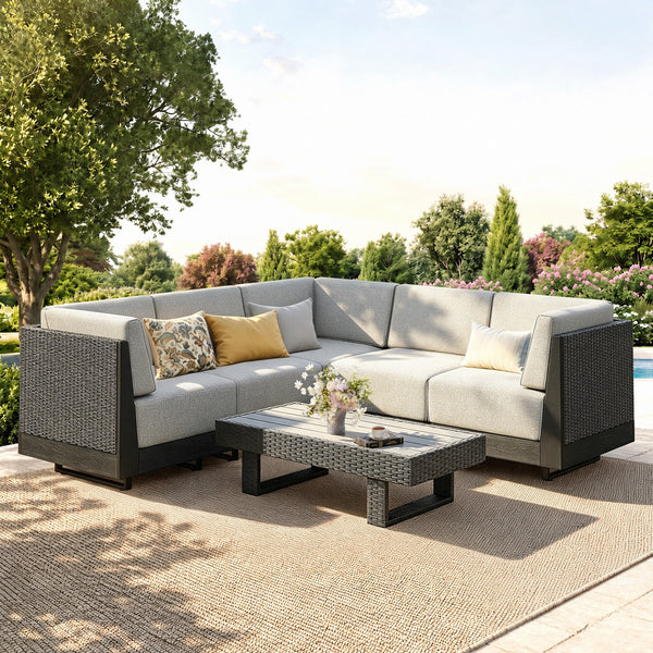 Alameda 4-Seater Woodgrain HDPE Garden Modular Sectional Rattan Sofa Set