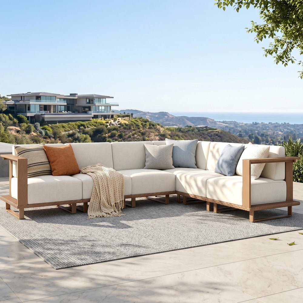 Solana Woodgrain HDPE Patio Modular Sectional Rattan Sofa Set