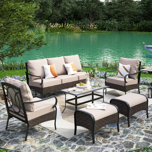 Phi Villa 13-Person Outdoor Patio Furniture Combination Set With Rattan Sofa Set, Dining Set, and Square Umbrella