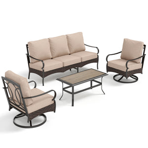 Outdoor Metal and Rattan Cocoa Sofa Set with Fire Pit Table