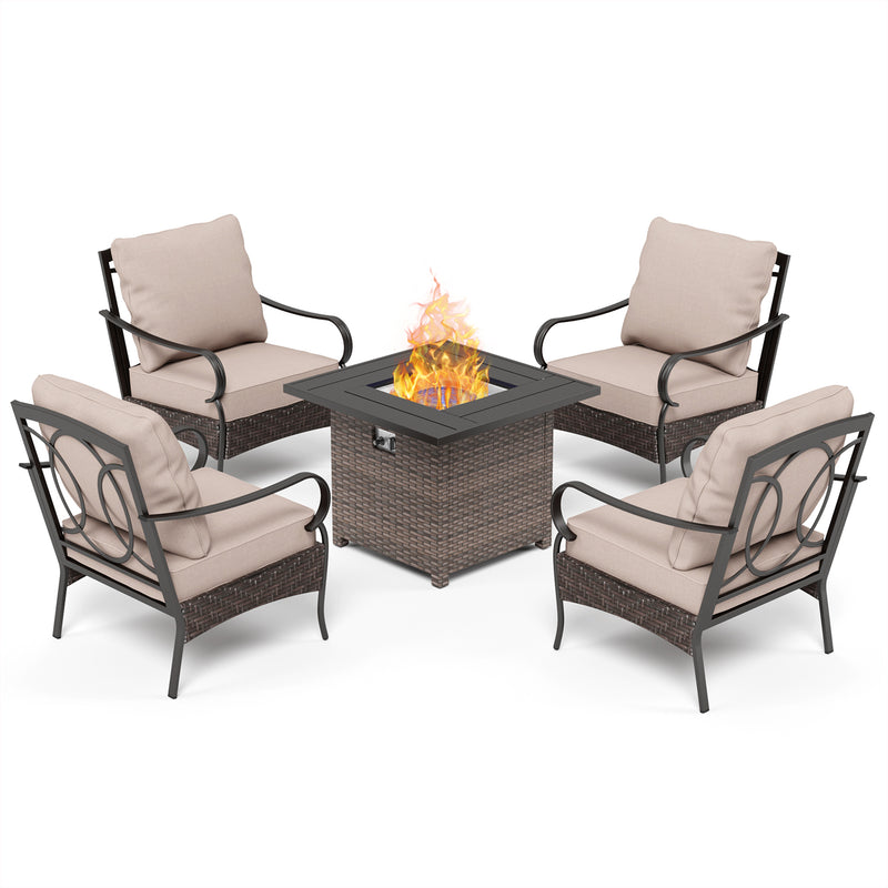 Phi Villa 4-Seat Outdoor Steel & Rattan Conversation Sofa Set With Wicker & Steel Square Fire Pit Table