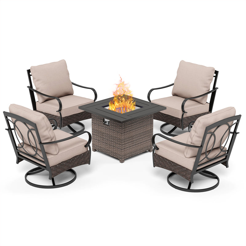 Phi Villa 4-Seat Outdoor Steel & Rattan Conversation Sofa Set With Wicker & Steel Square Fire Pit Table
