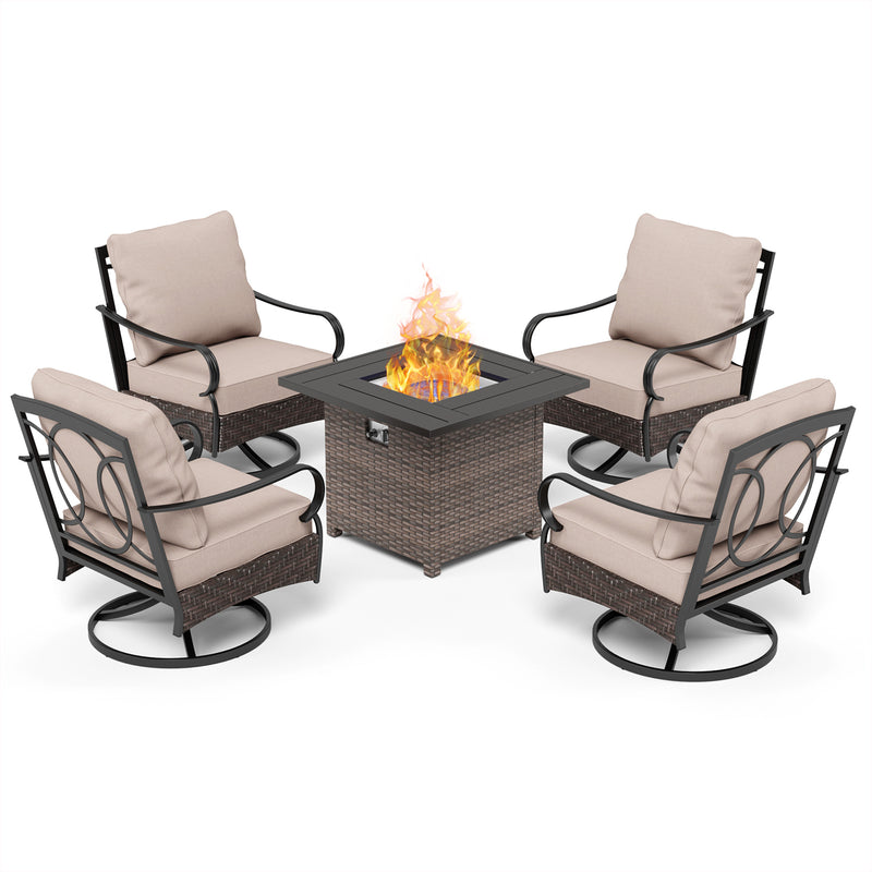 Phi Villa 4-Seater Outdoor Steel & Rattan Conversation Sofa Set With Square Fire Pit Table