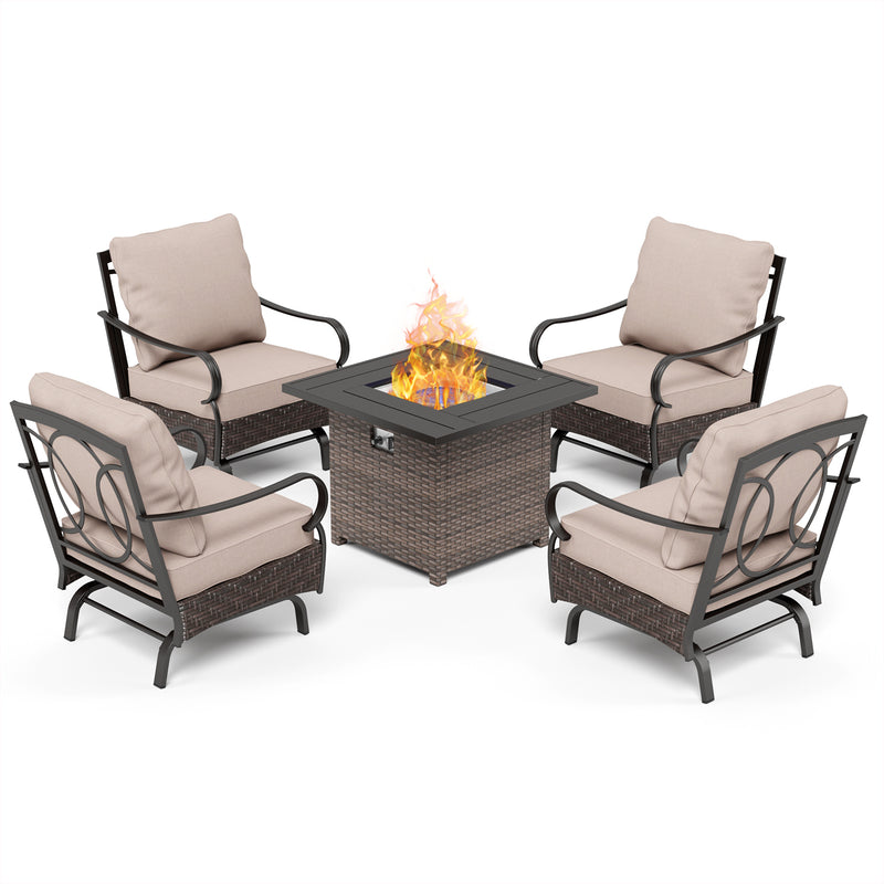 Phi Villa 4-Seater Outdoor Steel & Rattan Conversation Sofa Set With Square Fire Pit Table