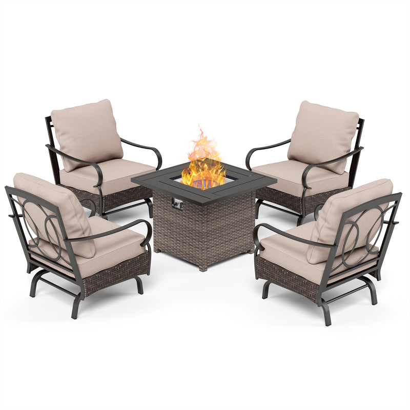 Phi Villa 4-Seat Outdoor Steel & Rattan Conversation Sofa Set With Wicker & Steel Square Fire Pit Table
