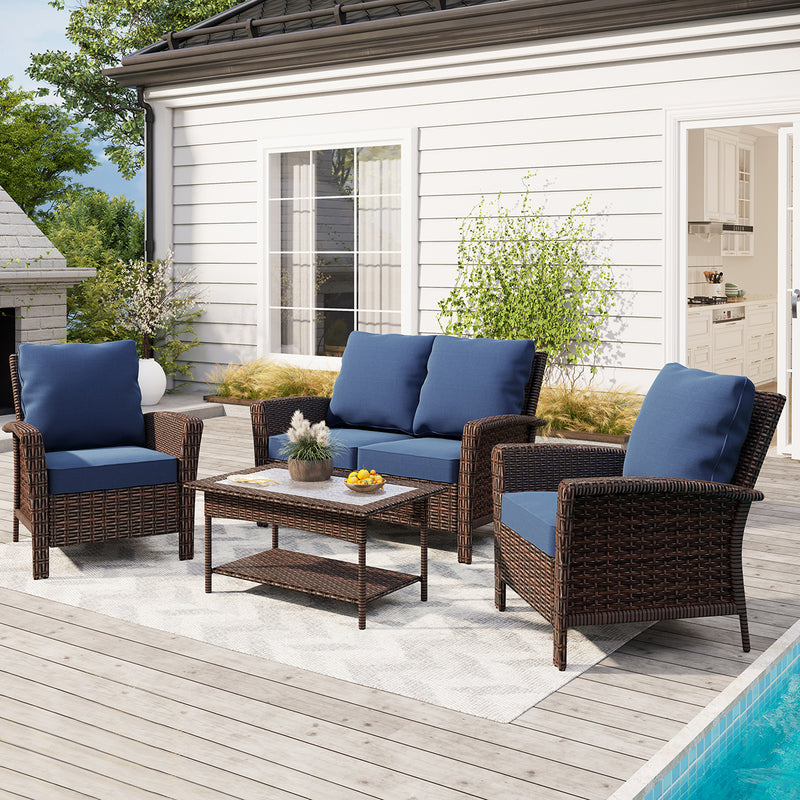 PHI VILLA 4 Piece Patio Wicker Conversation Set with Cushion