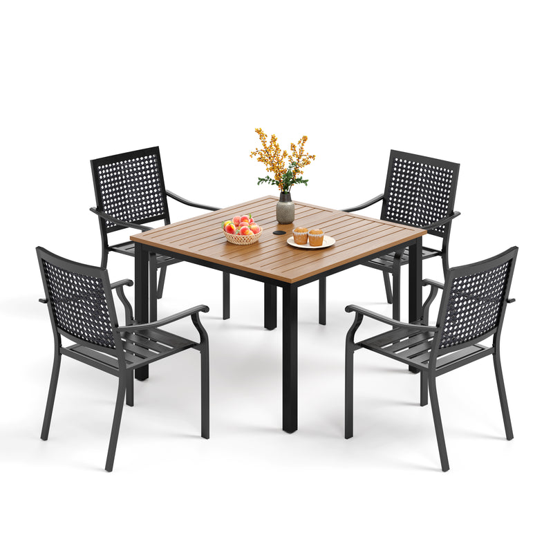 PHI VILLA 5-Piece Outdoor Dining Set 4 Fixed Stackable Chairs and Steel Square Table