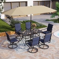 Modern 8-Piece Umbrella Patio Dining Set with Blue Padded Swivel Chairs