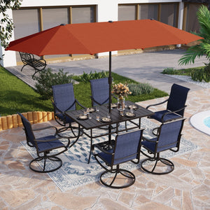 Modern 8-Piece Umbrella Patio Dining Set with Blue Padded Swivel Chairs