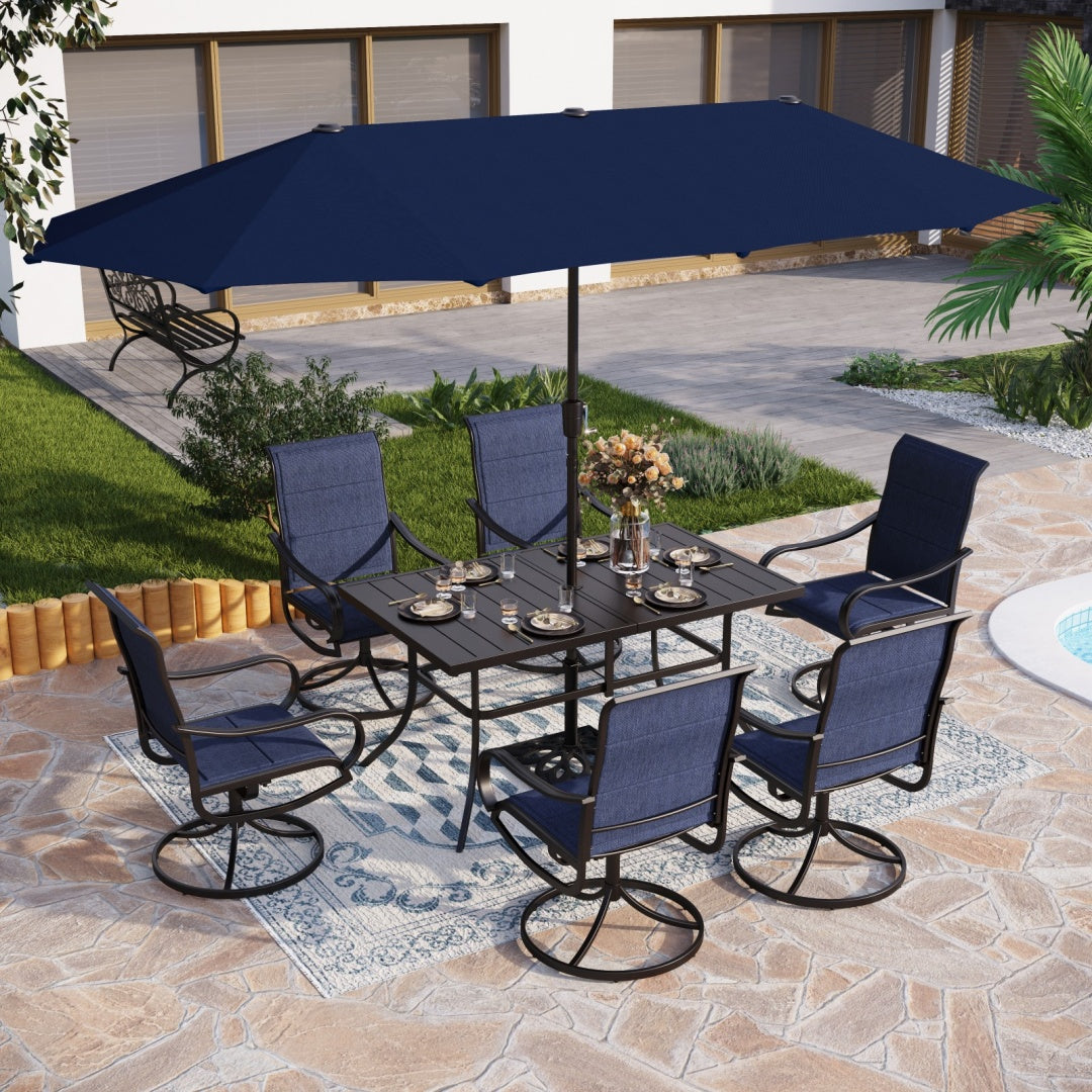 Modern 8-Piece Umbrella Patio Dining Set with Blue Padded Swivel Chair