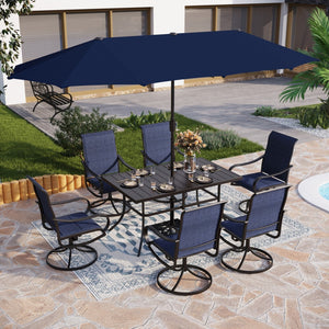 Modern 8-Piece Umbrella Patio Dining Set with Blue Padded Swivel Chairs