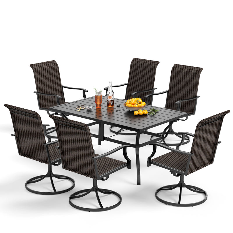 PHI VILLA 7-piece Patio Dining Set with Steel Rectangle Table & 6 Rattan Swivel Chairs