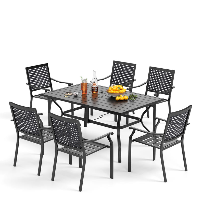 Phi Villa 7-Piece Patio Dining Set 6 Fixed Stackable Chairs & Steel Rectangle Table