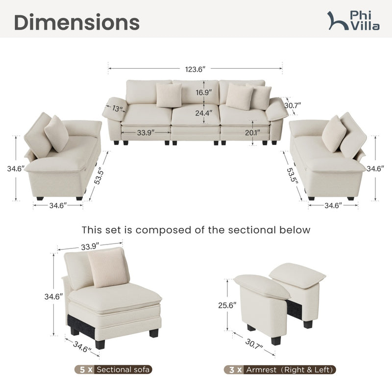 Phi Villa Living Room Chenille Cloud-like Couch Sofa Large Set