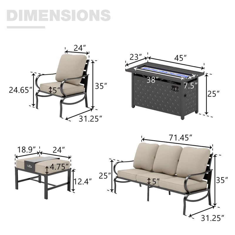 PHI VILLA 9-Seat Patio Steel Conversation Sofa Sets With Leather Grain Fire Pit Table
