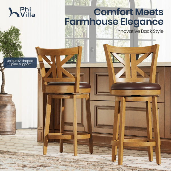 360° Swivel Farmhouse Wood Bar Stools with Patented K-Shaped Back