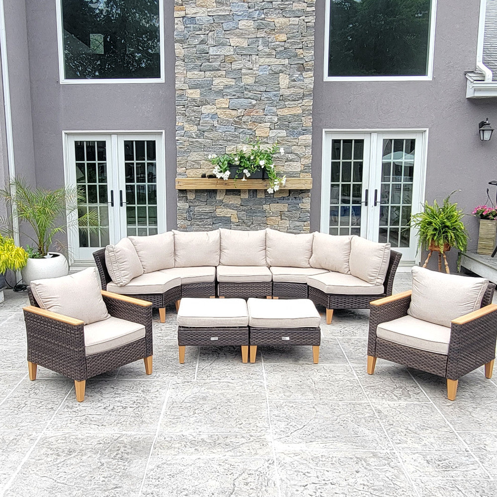 Phi Villa 9-Seater Patio Wicker Sofa With Multi-functional Ottomans