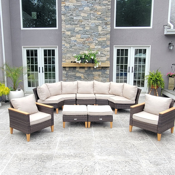 Phi Villa 9-Seater Patio Wicker Sofa With Multi-functional Ottomans