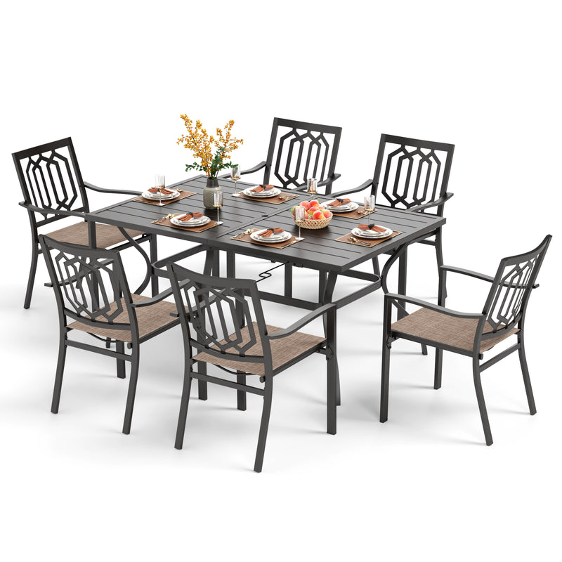 PHI VILLA 7-Piece Patio Dining Set With Steel Rectangle Table & 6 Steel Seat Dining Chairs
