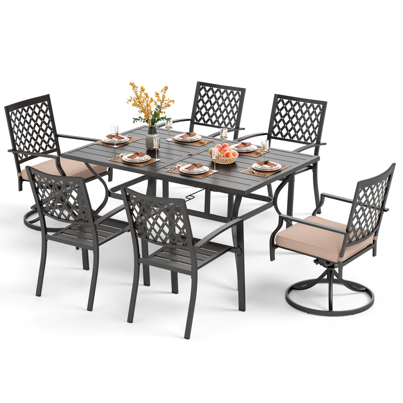 PHI VILLA 7-Piece Patio Dining Set 6 Steel Fixed/Swivel Chairs & Rectangle Table