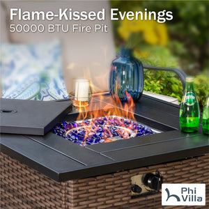 4-Seater Outdoor Metal and Rattan Cocoa Sofa Set with Square Fire Pit Table