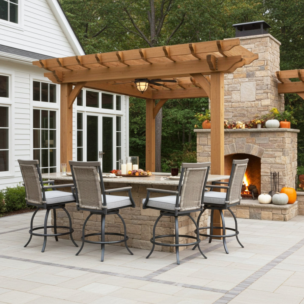 rattan bar stools in patio under a wooden pergola, 