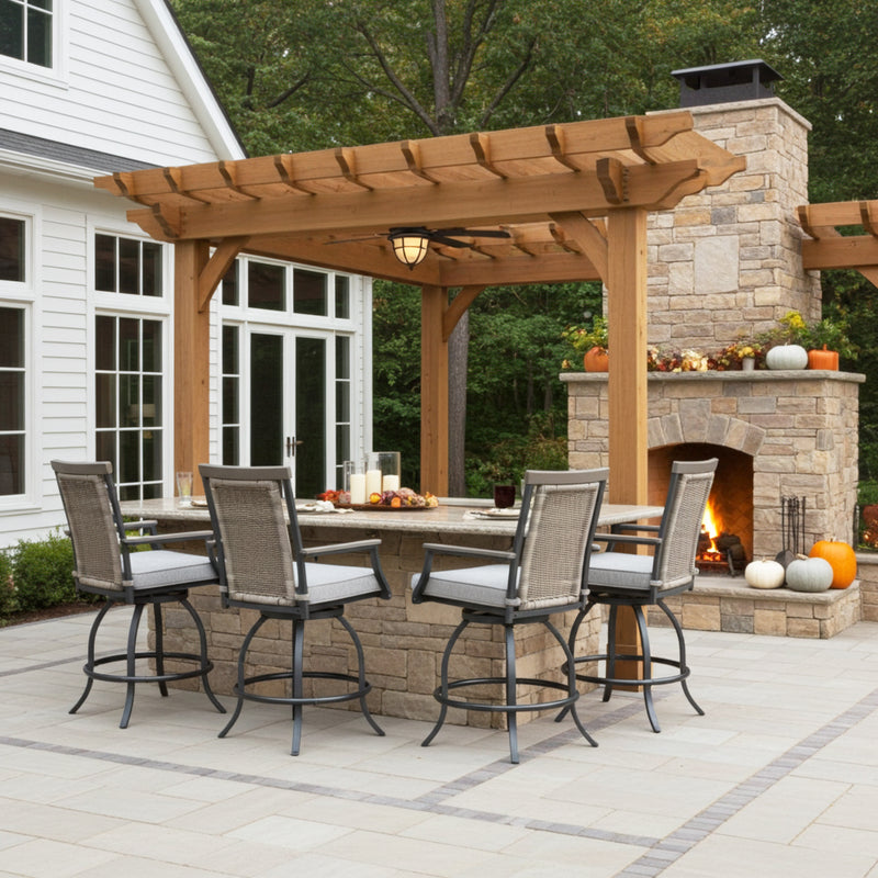 rattan bar stools in patio under a wooden pergola, 