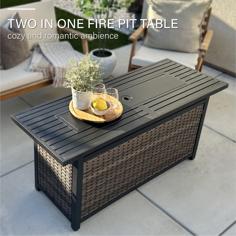 Phi Villa 56 Inch 50,000 BTU Outdoor Wicker & Steel Rectangle Patio Propane Fire Pit Table