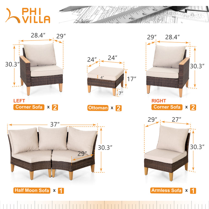 Phi Villa 10-Seater Patio Wicker Sofa With Love Seat And Multi-functional Ottomans