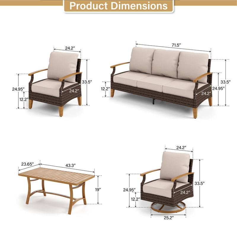 Phi Villa 7-Seater Patio Rattan Conversation Sofa Set With Slatted Coffee Table