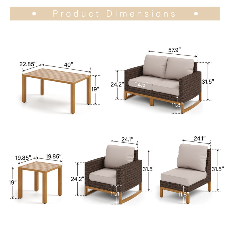 Phi Villa 7-Seater Patio Rattan Conversation Sofa Set With Slatted Coffee Table