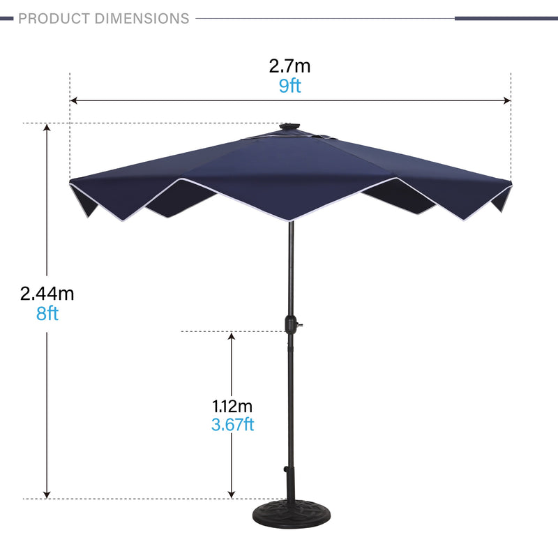 PHI VILLA 9/10ft Crank Open Patio Umbrella With 24 LED Lights & Ruffles