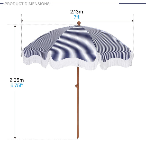 7ft Patio Beach Tassel Umbrella UPF 50+ With Carry Bag