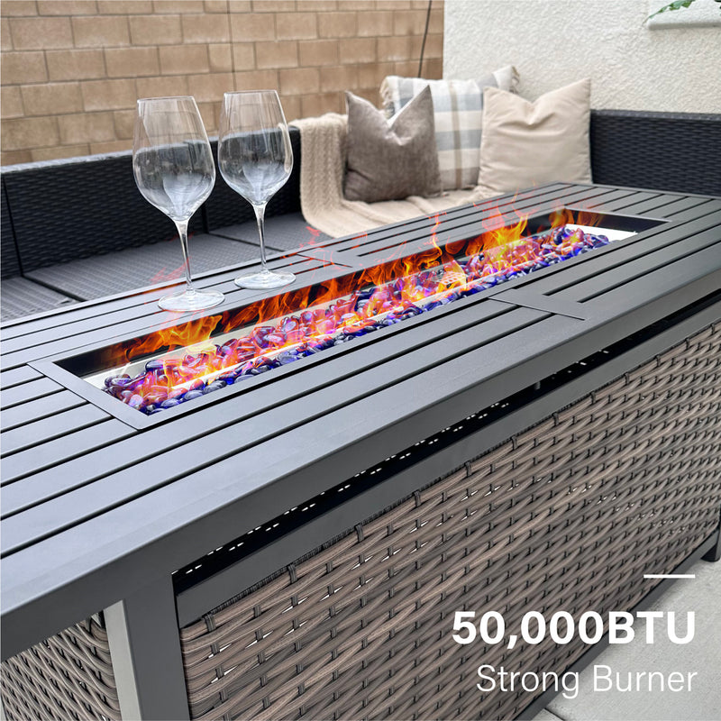 Phi Villa 56 Inch 50,000 BTU Outdoor Wicker & Steel Rectangle Patio Propane Fire Pit Table