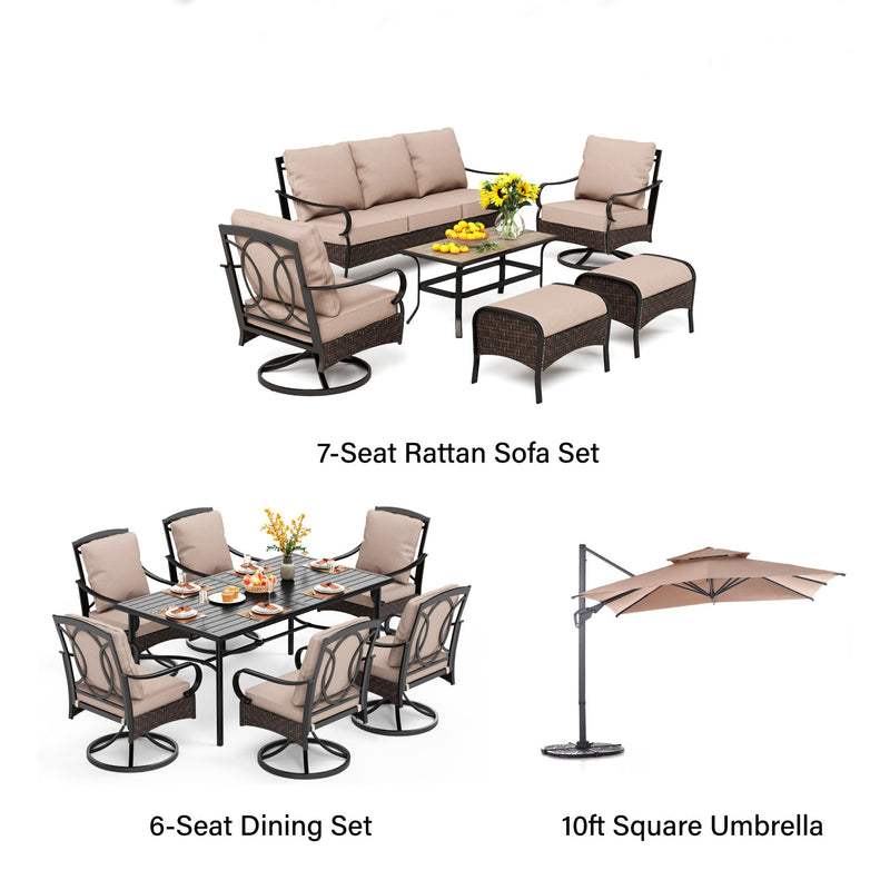 Phi Villa 13-Person Outdoor Patio Furniture Combination Set With Sofa Set, Dining Set, and Umbrella