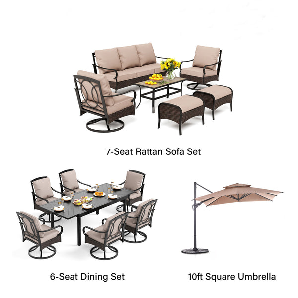Phi Villa 13-Person Outdoor Patio Furniture Combination Set With Rattan Sofa Set, Dining Set, and Square Umbrella
