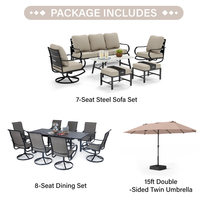 PHI VILLA 15-Piece Set with 7-Seat Steel Conversation Sofa Set and 8-Seat Dining Set and 15ft Double-Sided Twin Umbrella