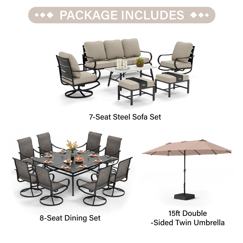 PHI VILLA 15-Piece Set with 7-Seat Steel Conversation Sofa Set and 8-Seat Dining Set and 15ft Double-Sided Twin Umbrella