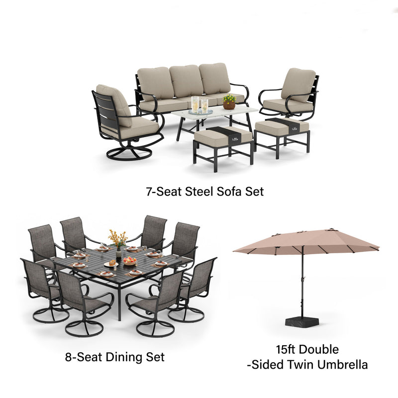 Phi Villa 15-Person Outdoor Patio Furniture Combination Set with Sofa Set, Textilene Dining Set, and Umbrella