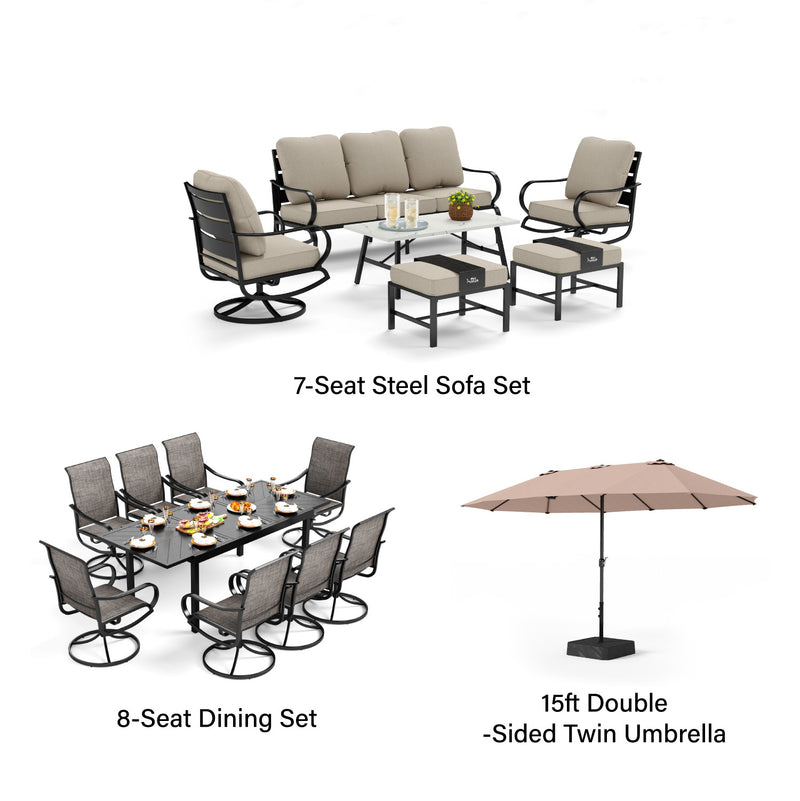 Phi Villa 15-Person Outdoor Patio Furniture Combination Set with Sofa Set, Dining Set, and Double Sided Umbrella