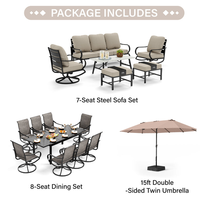 PHI VILLA 15-Piece Set with 7-Seat Steel Conversation Sofa Set and 8-Seat Dining Set and 15ft Double-Sided Twin Umbrella