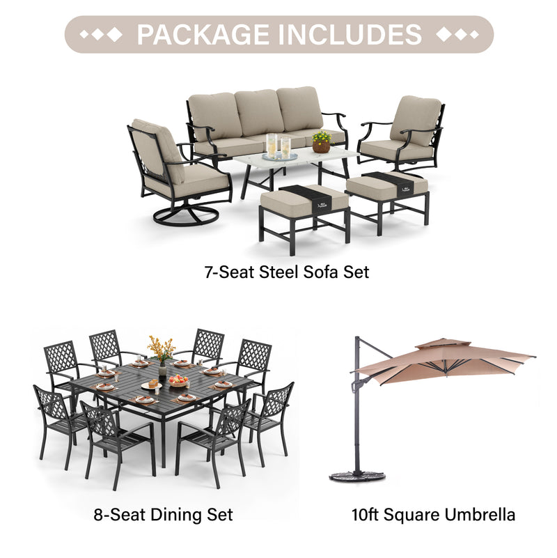 PHI VILLA 15-Piece Set with 7-Seat Steel Conversation Sofa Set and 8-Seat Dining Set and 10ft Square Umbrella