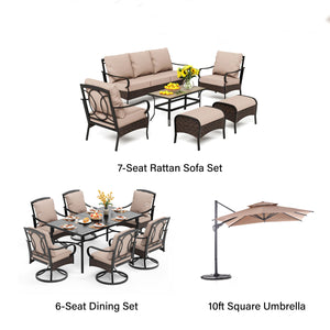 Phi Villa 13-Person Outdoor Patio Furniture Combination Set With Rattan Sofa Set, Dining Set, and Umbrella